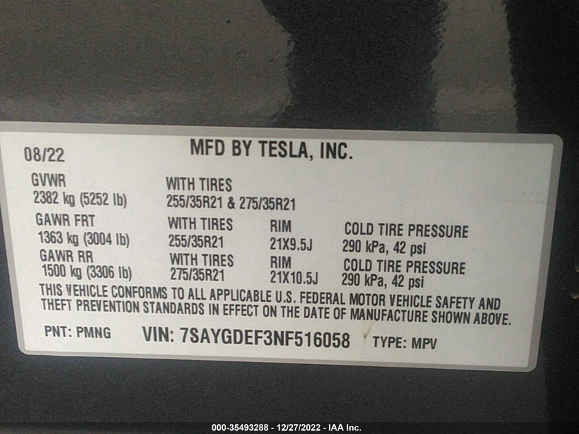 VIN 7SAYGDEF3NF516058 2022 TESLA MODEL Y PERFORMANCE