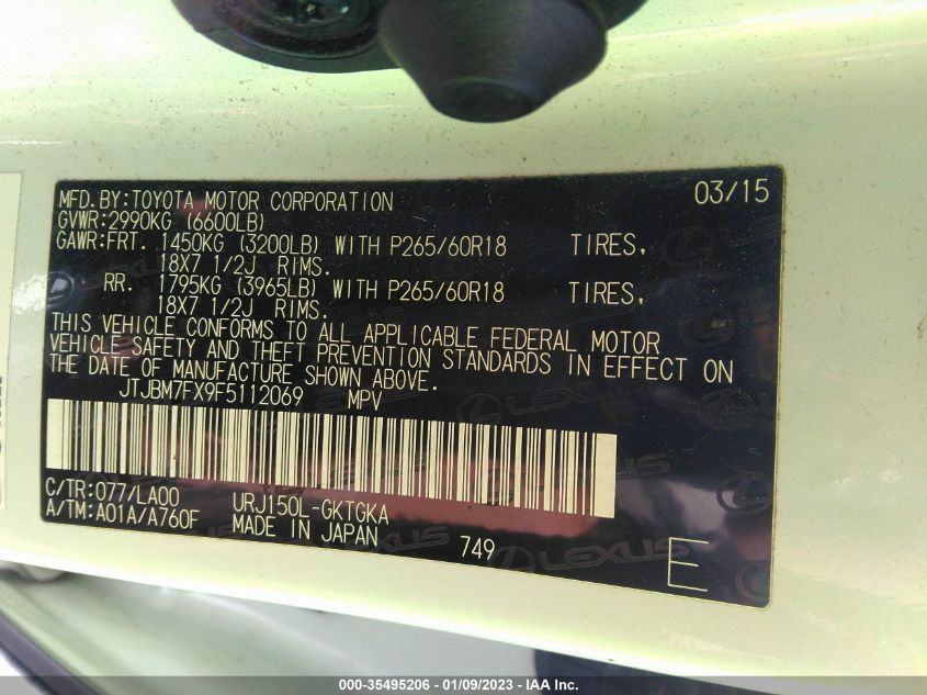 2015 LEXUS GX 460 JTJBM7FX9F5112069