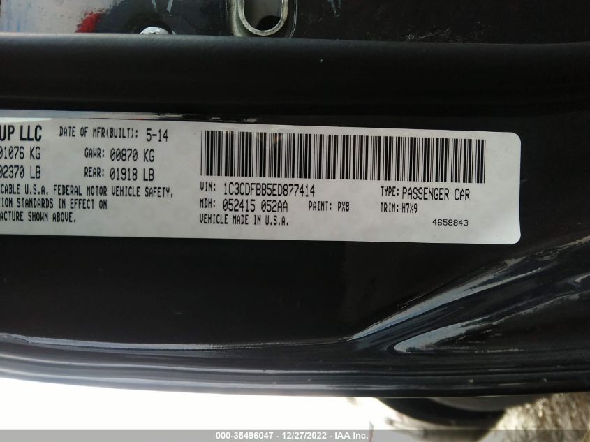 2014 DODGE DART SXT 1C3CDFBB5ED877414