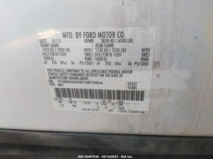 2015 FORD UTILITY POLICE 1FM5K8AR2FGB75504