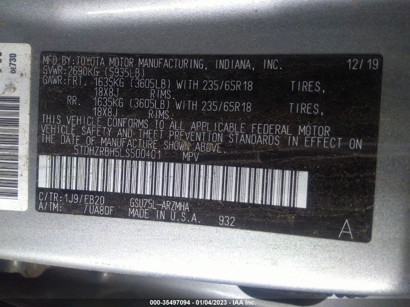 2020 TOYOTA HIGHLANDER XLE 5TDHZRBH5LS500401