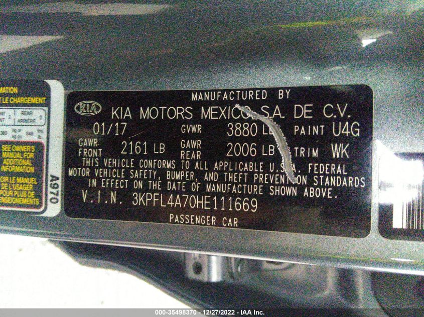 2017 KIA FORTE S - 3KPFL4A70HE111669