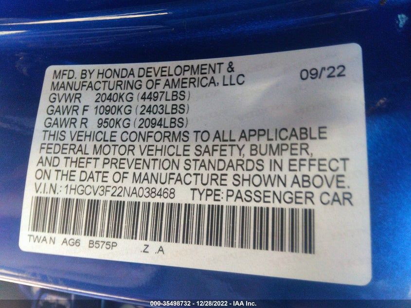 VIN 1HGCV3F22NA038468 2022 HONDA ACCORD HYBRID SPORT
