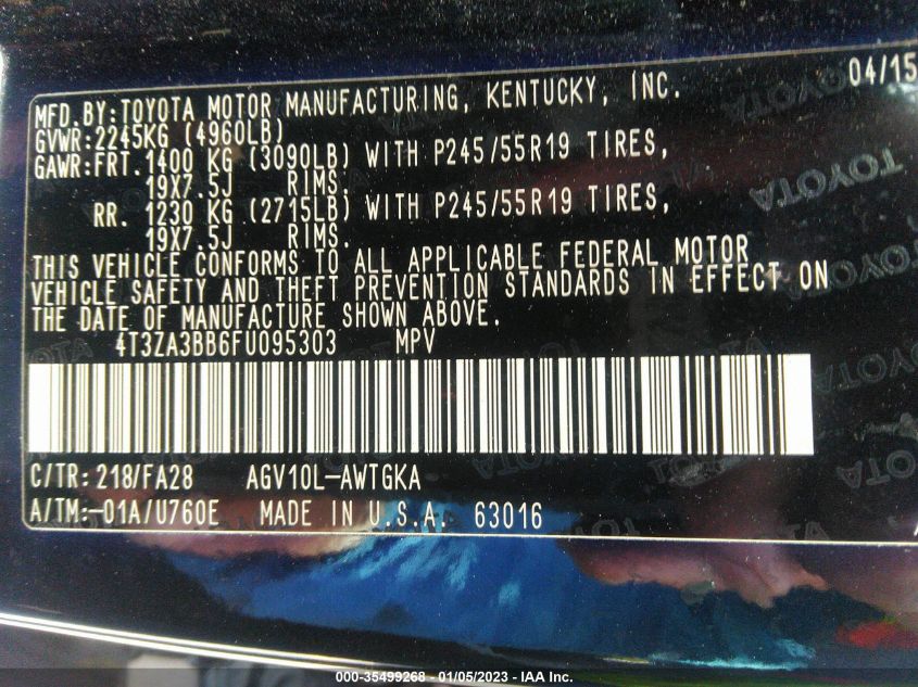 2015 TOYOTA VENZA LE/XLE 4T3ZA3BB6FU095303