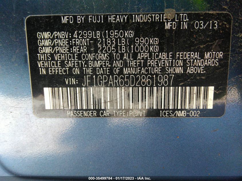 2013 SUBARU IMPREZA WAGON 2.0I SPORT LIMITED JF1GPAR65D2861987