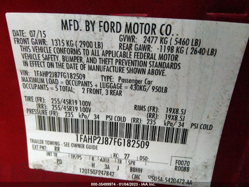 2015 FORD TAURUS LIMITED - 1FAHP2J87FG182509