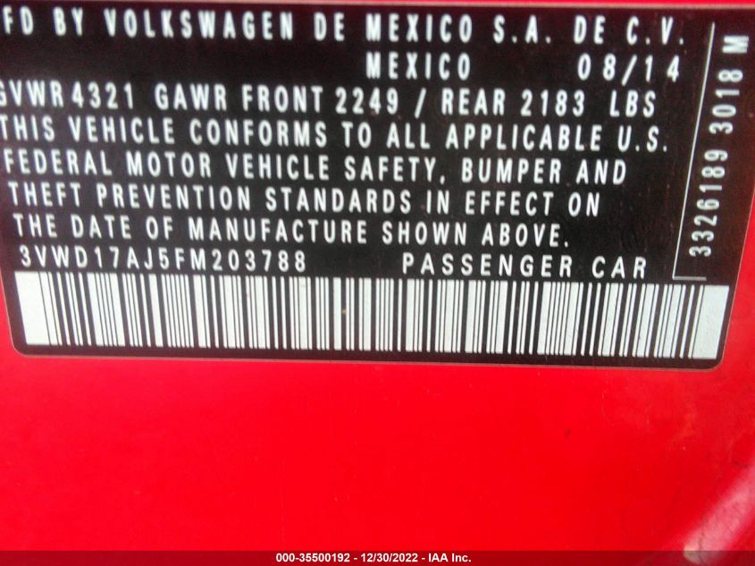 2015 VOLKSWAGEN JETTA SEDAN 1.8T SPORT 3VWD17AJ5FM203788