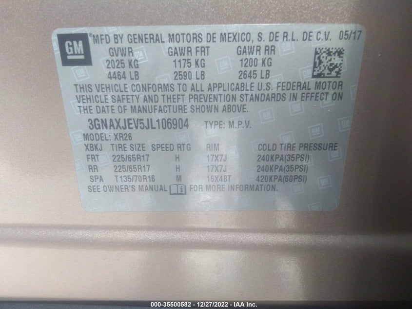 VIN 3GNAXJEV5JL106904 2018 CHEVROLET EQUINOX LT