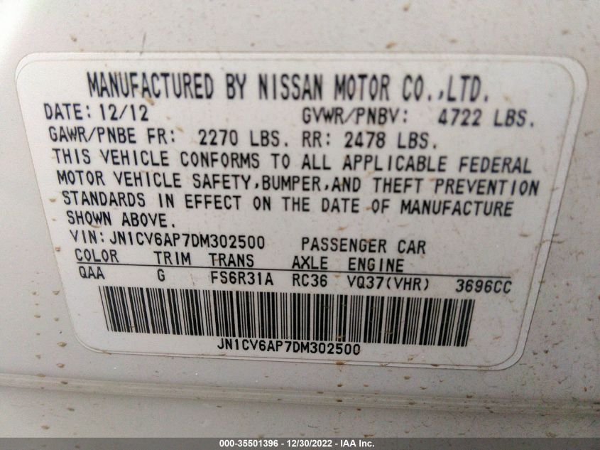 2013 INFINITI G37 SEDAN SPORT 6MT JN1CV6AP7DM302500
