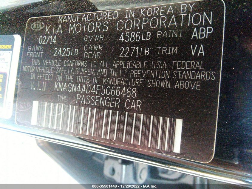2014 KIA OPTIMA HYBRID EX KNAGN4AD4E5066468