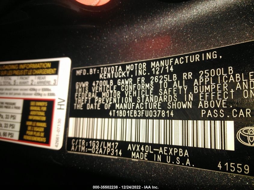 2015 TOYOTA AVALON HYBRID XLE TOURING/LIMITED 001BD1EB3FU037814