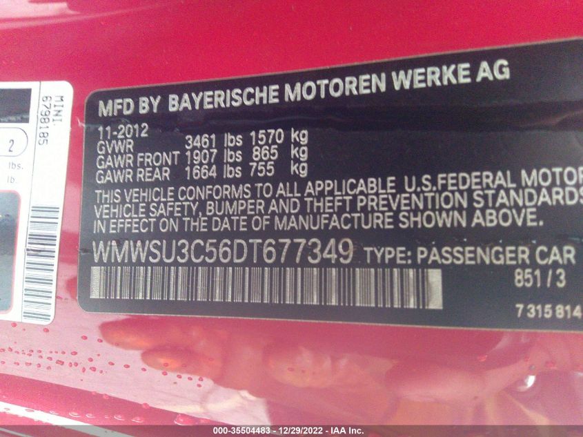 2013 MINI COOPER HARDTOP WMWSU3C56DT677349