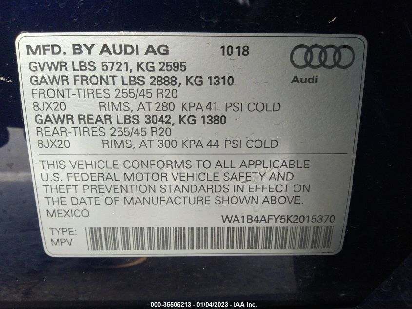 WA1B4AFY5K2015370 2019 AUDI SQ5, photo no. 9