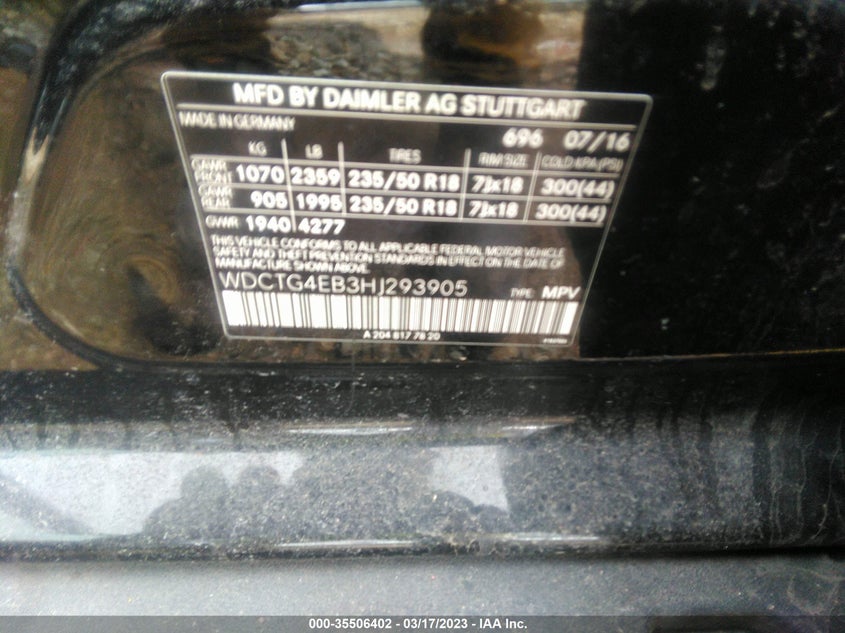 VIN WDCTG4EB3HJ293905 2017 MERCEDES-BENZ GLA GLA 250