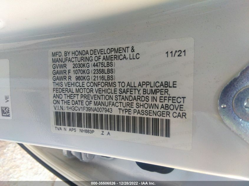 2022 HONDA ACCORD SEDAN SPORT - 1HGCV1F39NA007943