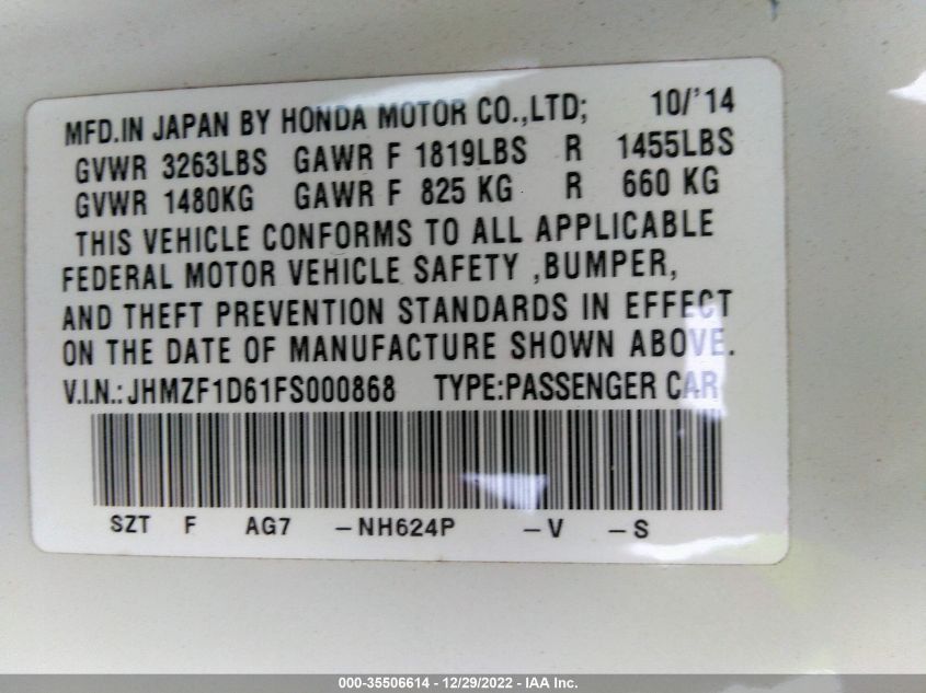 2015 HONDA CR-Z EX JHMZF1D61FS000868