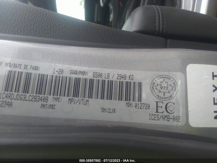 VIN 1C4RDJDG3LC283408 2020 DODGE DURANGO GT