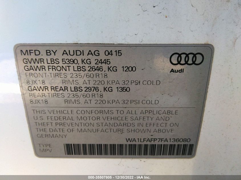 2015 AUDI Q5 PREMIUM PLUS WA1LFAFP7FA136080