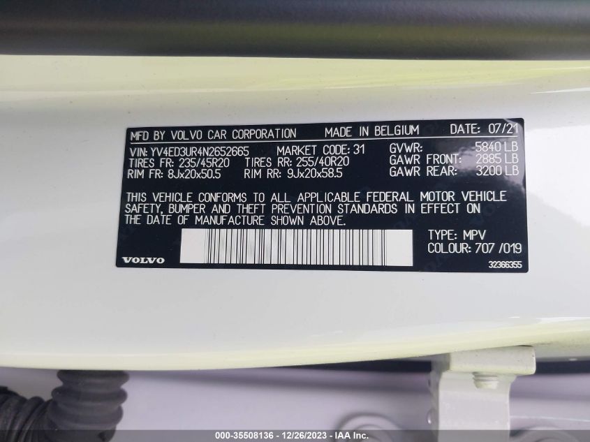 2022 VOLVO XC40 RECHARGE PURE ELECTRIC P8 TWIN PLUS YV4ED3UR4N2652665