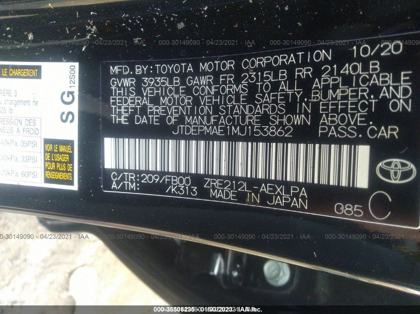2021 TOYOTA COROLLA LE JTDEPMAE1MJ153862