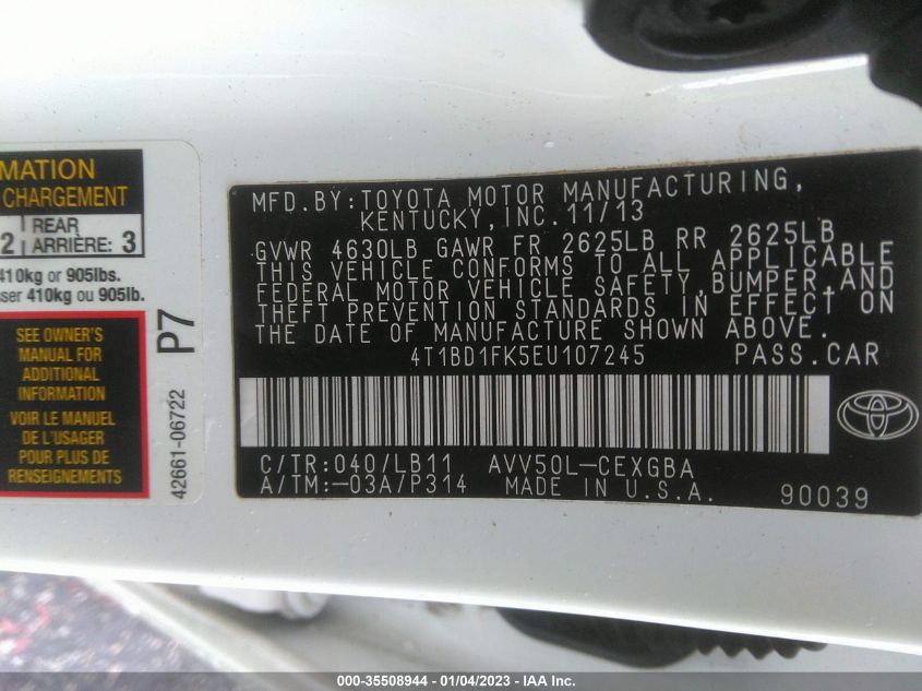 2014 TOYOTA CAMRY HYBRID LE/XLE/SE LIMITED EDITION 4T1BD1FK5EU107245
