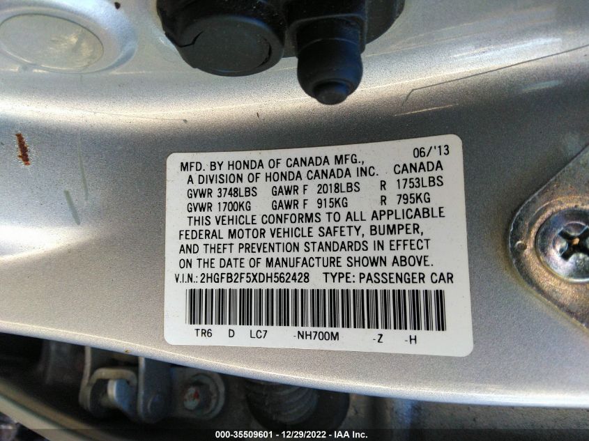 2013 HONDA CIVIC SDN LX 2HGFB2F5XDH562428