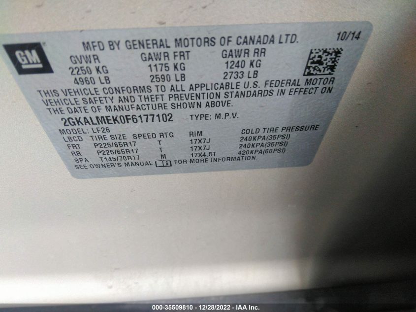 2015 GMC TERRAIN SLE 2GKALMEK0F6177102
