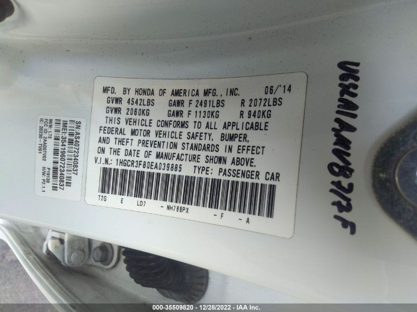 2014 HONDA ACCORD SEDAN EX-L 1HGCR3F80EA039885