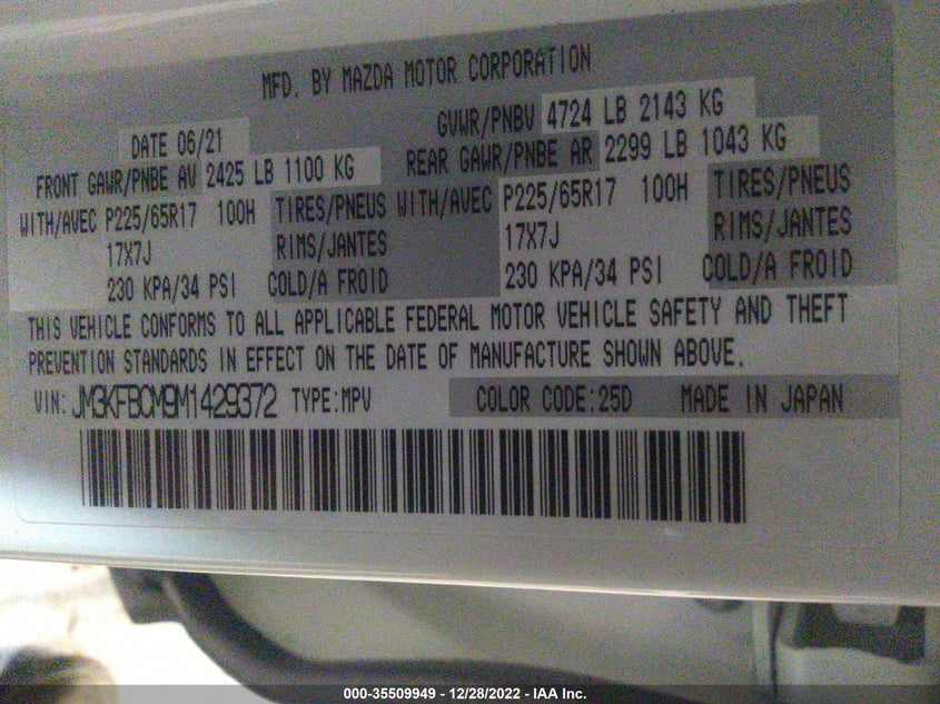 VIN JM3KFBCM9M1429372 2021 MAZDA CX-5 TOURING