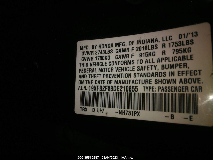 2013 HONDA CIVIC SDN LX 19XFB2F59DE210855