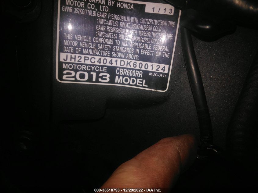 2013 HONDA CBR600 RR JH2PC4041DK600124