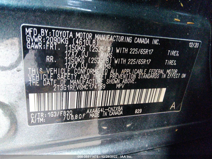 VIN 2T3G1RFV6MC174189 2021 TOYOTA RAV4 LE