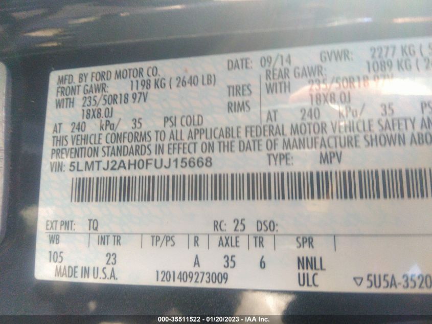 2015 LINCOLN MKC 5LMTJ2AH0FUJ15668