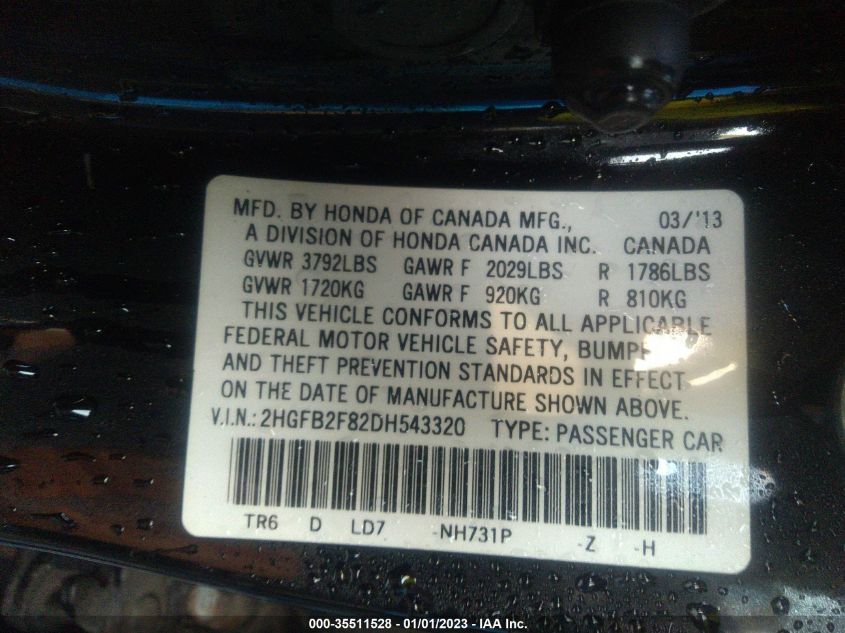 2013 HONDA CIVIC SDN EX 2HGFB2F82DH543320