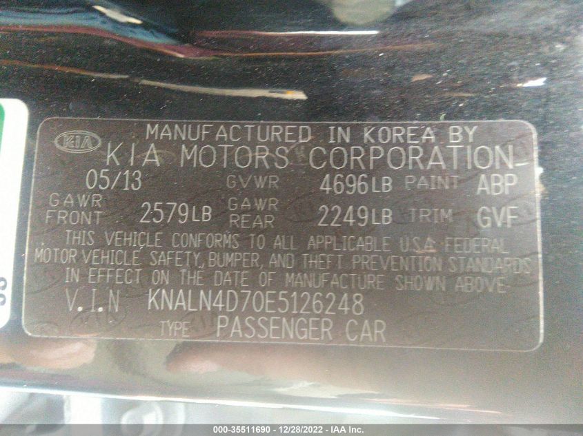 2014 KIA CADENZA PREMIUM KNALN4D70E5126248