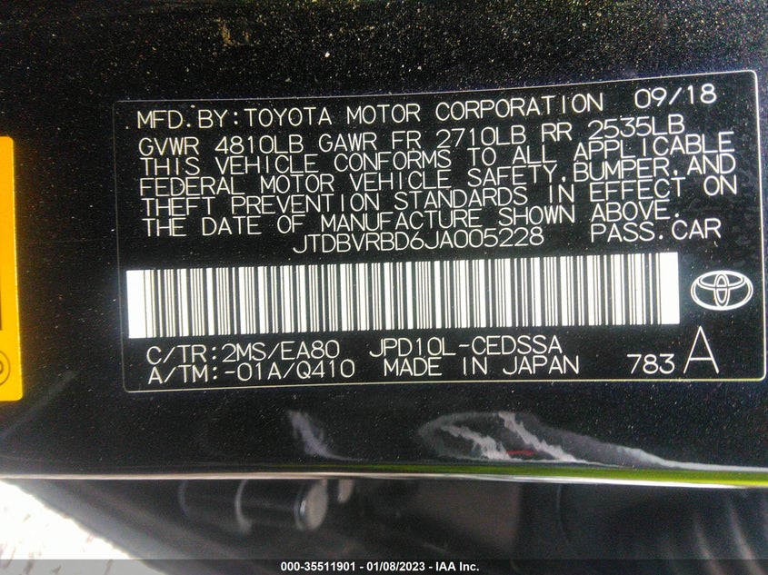 VIN JTDBVRBD6JA005228 2018 TOYOTA MIRAI
