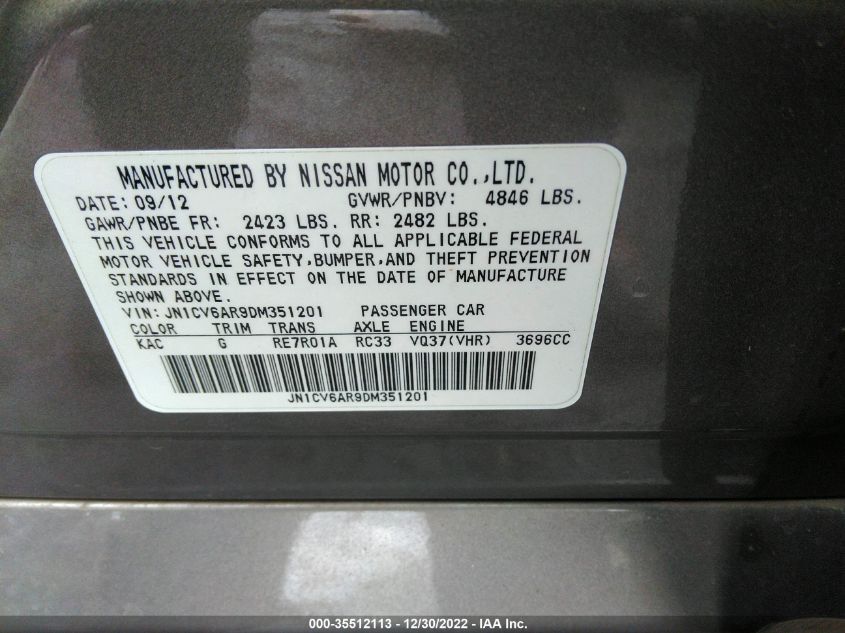 2013 INFINITI G37 SEDAN X JN1CV6AR9DM351201