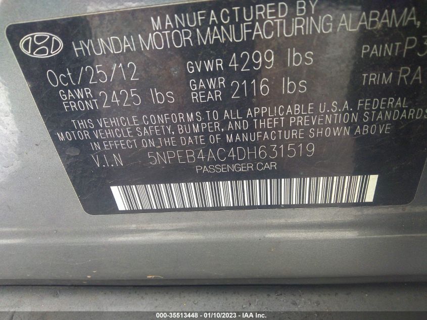 VIN 5NPEB4AC4DH631519 2013 HYUNDAI SONATA no.9