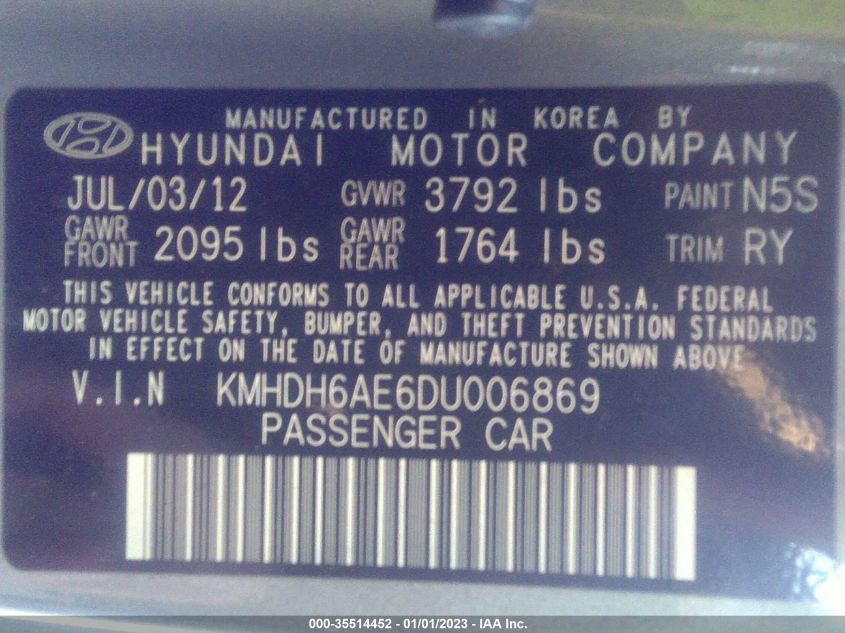 2013 HYUNDAI ELANTRA COUPE GS PZEV - KMHDH6AE6DU006869