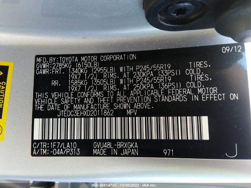 2013 TOYOTA HIGHLANDER HYBRID LIMITED JTEDC3EHXD2011862