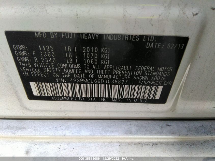 2013 SUBARU LEGACY 2.5I LIMITED 4S3BMCL66D3036827