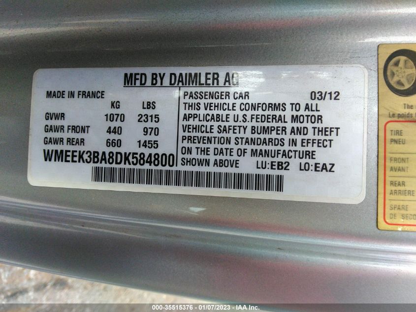 2013 SMART FORTWO PASSION WMEEK3BA8DK584800