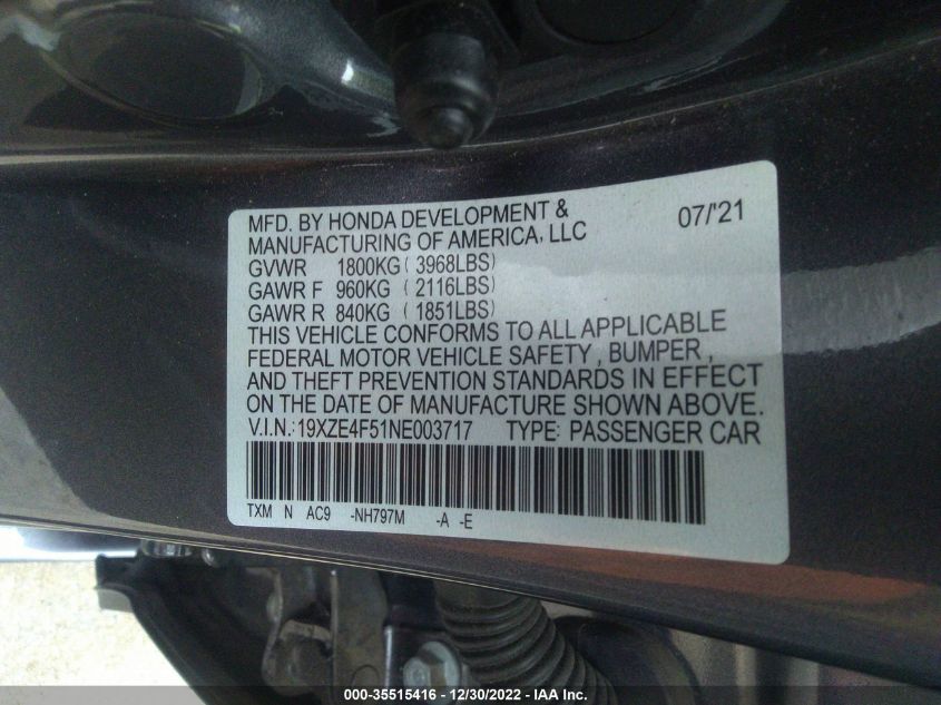 2022 HONDA INSIGHT EX 19XZE4F51NE003717