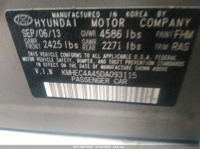 2013 HYUNDAI SONATA HYBRID KMHEC4A45DA093115