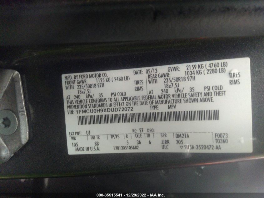 VIN 1FMCU0H9XDUD72072 2013 FORD ESCAPE no.9