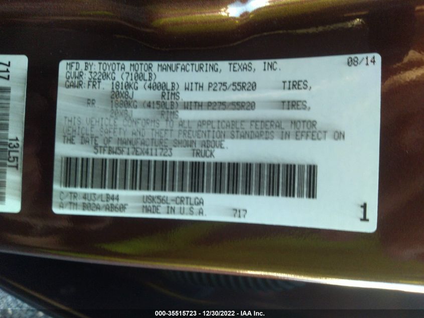 2014 TOYOTA TUNDRA 4WD TRUCK LTD - 5TFBW5F17EX411723