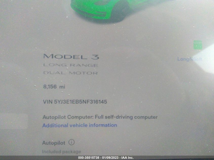 2022 TESLA MODEL 3 LONG RANGE - 5YJ3E1EB5NF316145