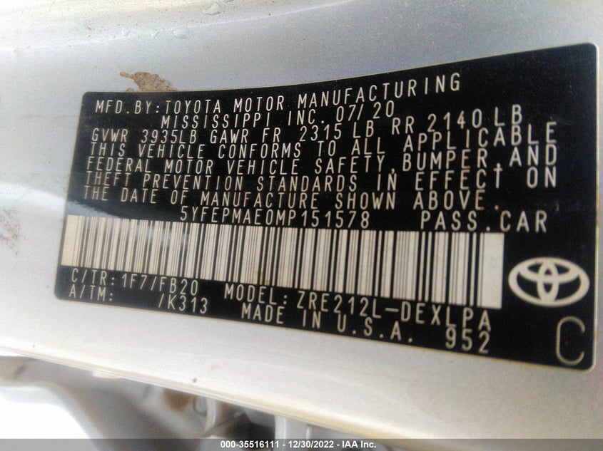 VIN 5YFEPMAE0MP151578 2021 TOYOTA COROLLA LE