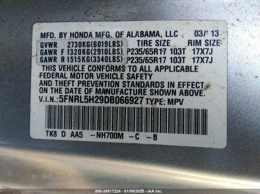 VIN 5FNRL5H29DB066927 2013 HONDA ODYSSEY no.9