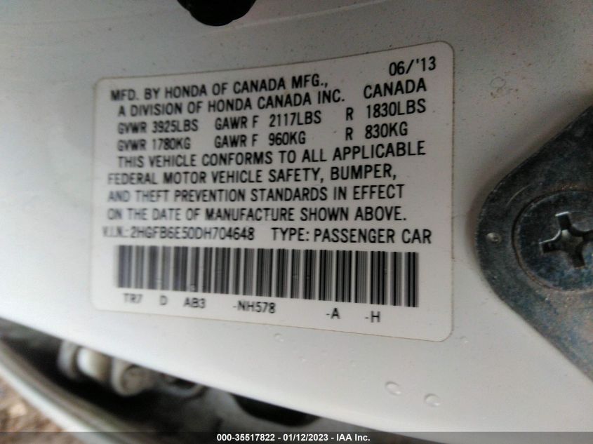 2013 HONDA CIVIC SDN SI 2HGFB6E50DH704648